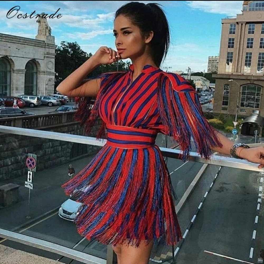 COPY - Striped Red Blue Patchwork Tassel Mini Dre…